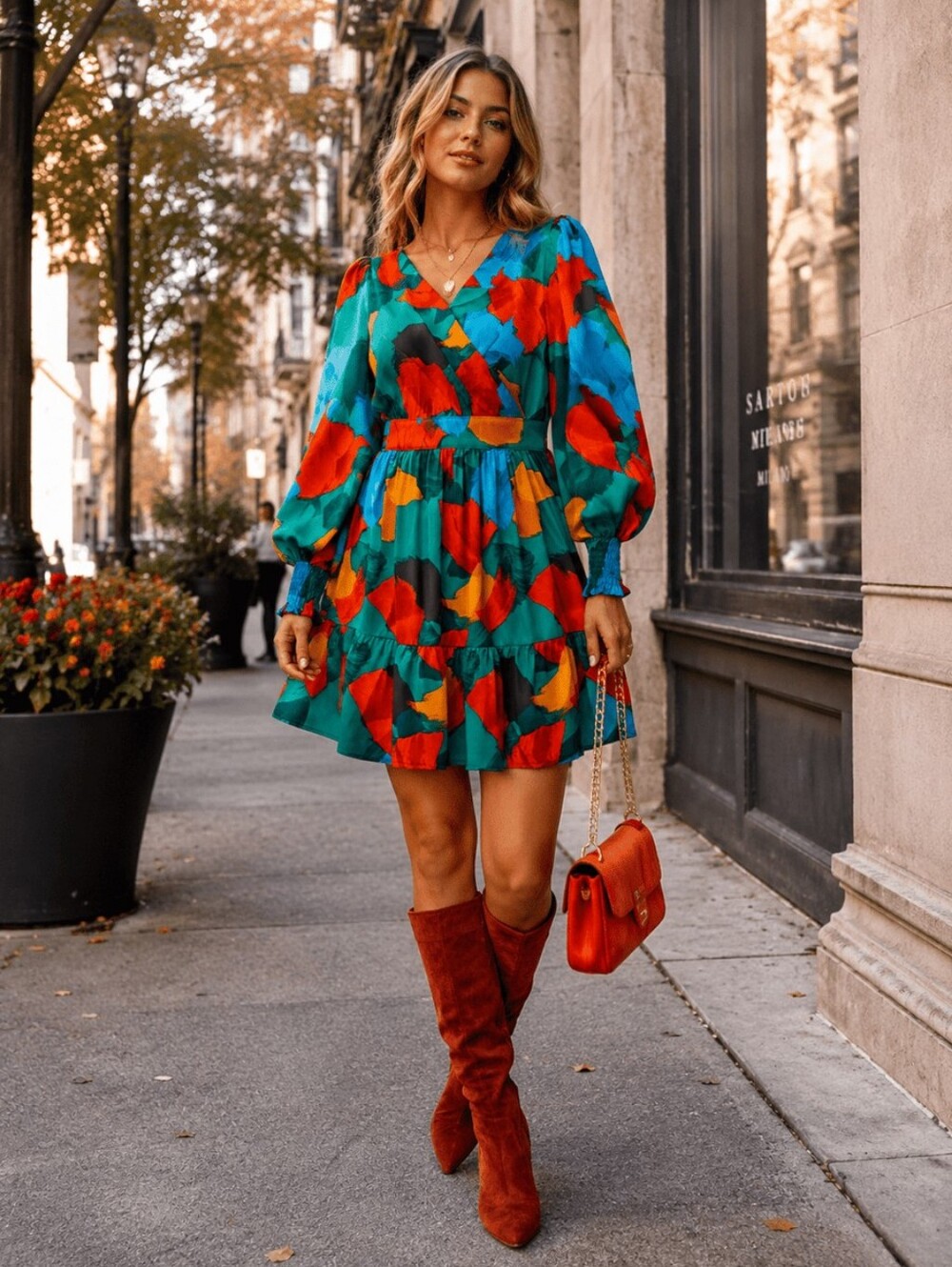 Entro Multicolor Abstract Brushstroke Mini Dress Long Sleeve Tiered Boho